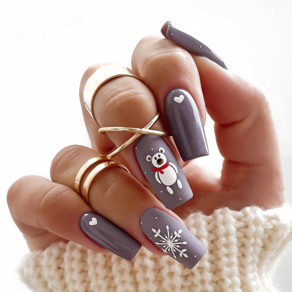 Cozy Winter Wonderland Medium Square Gray Press On Nails with Charming Bear and Snowflake Design