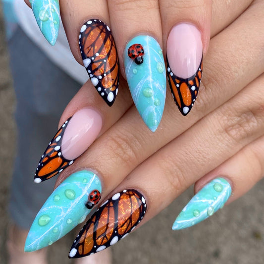 Butterfly Garden Sharp Aqua and Orange Short Almond Press on Nail Set with Charming Ladybug Accent