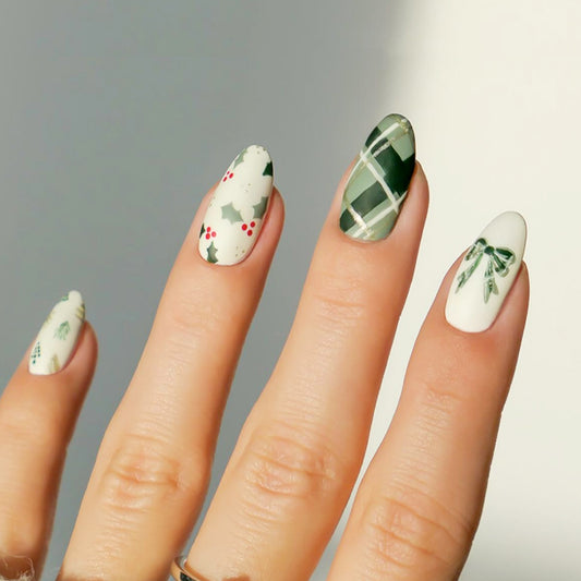 Festive Elegance Medium Almond Green and White Christmas Themed Press On Nail Set with Holiday Designs