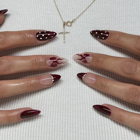 Chic Elegance Long Almond Burgundy and Beige Press On Nail Set with Artistic Swirls and Dots