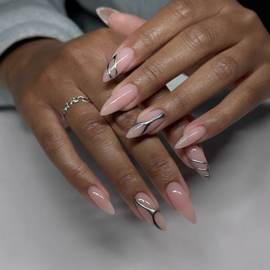 Elegant Affair Elegant Long Almond Shaped Blush Pink Press On Nails with Silver Accent Design