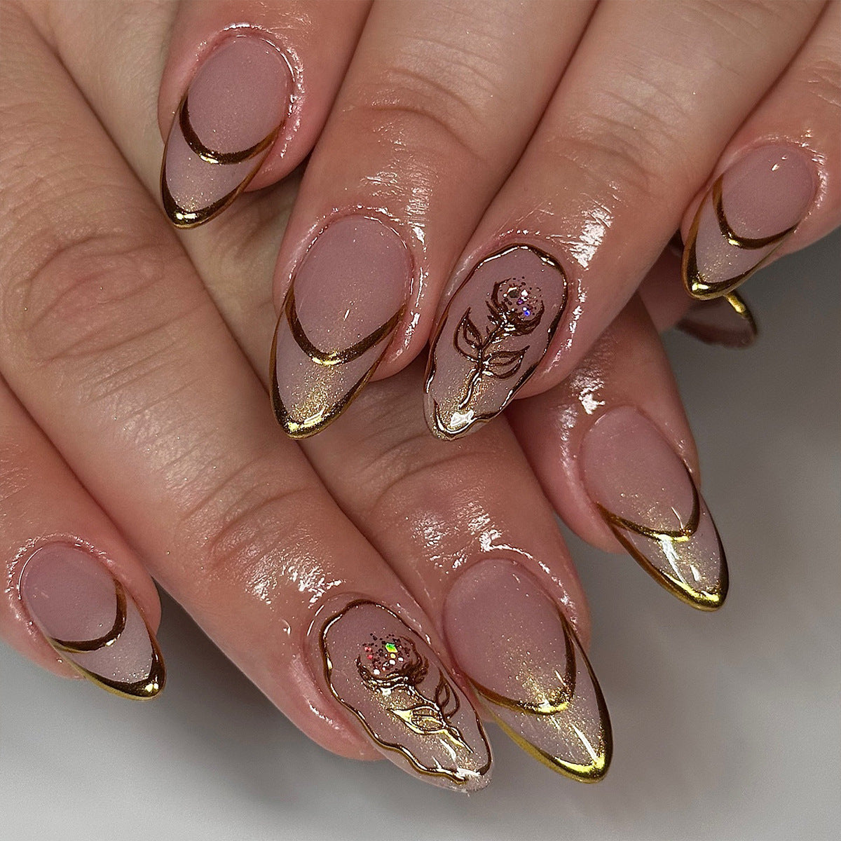 Elegant Rose Garden Short Almond Blush Color Press-On Nail Set with Gold Trim and Floral Designs