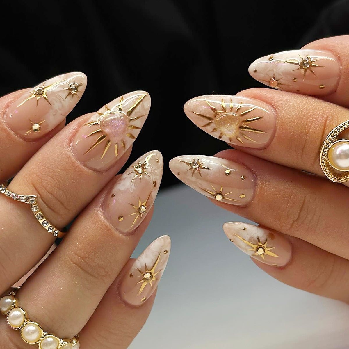 Celestial Glamour Short Almond Beige with Gold Accents and Starry Design Press-On Nail Set