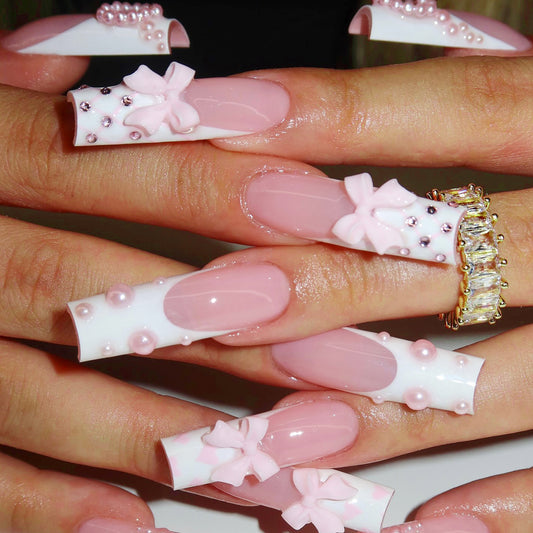 Charming Blossom Long Square Pink Press-On Nails with Elegant Bow and Pearl Accents