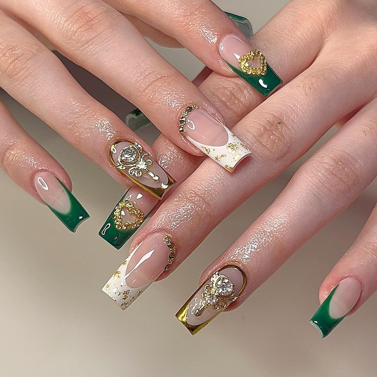 Enchanted Forest Elegant Long Square Green and White with Gold Enamel Accents Press-On Nail Set