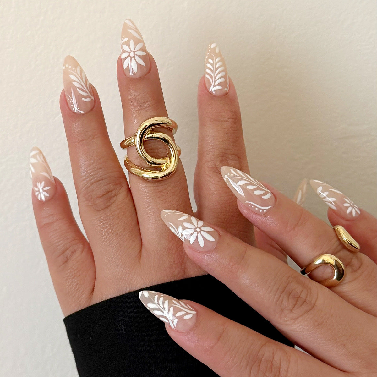 Bohemian Dream Long Almond Shaped Neutral Color Floral Design Press On Nail Set
