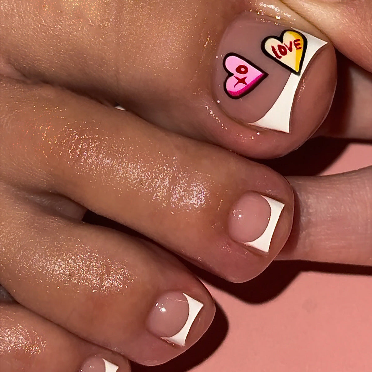Love-Inspired Short Square Pink and White Press On Toenail Set with Heart Design