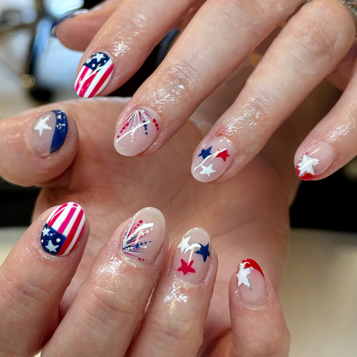 Patriotic Stars Short Oval Red White and Blue Glittery Press on Nail Set