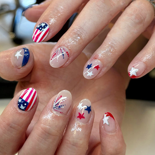 Patriotic Stars Short Oval Red White and Blue Glittery Press on Nail Set