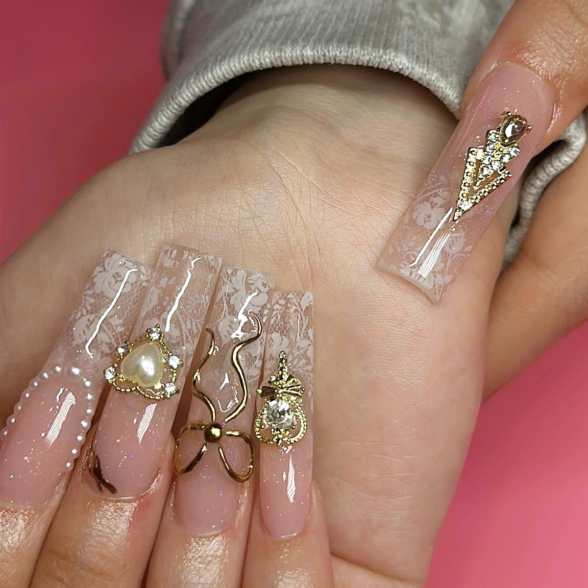 Glamorous Elegance Long Square Clear Acrylic Press on Nails with Stunning Gold Accents