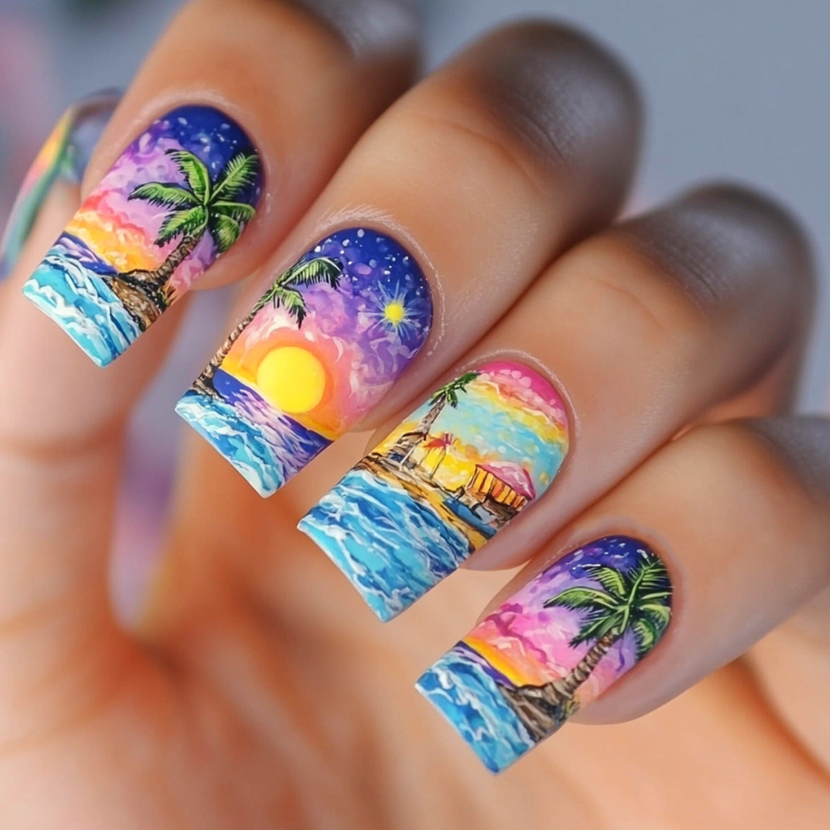 Tropical Paradise Medium Square Press On Nail Set in Vibrant Blue with Stunning Sunset Beach Design