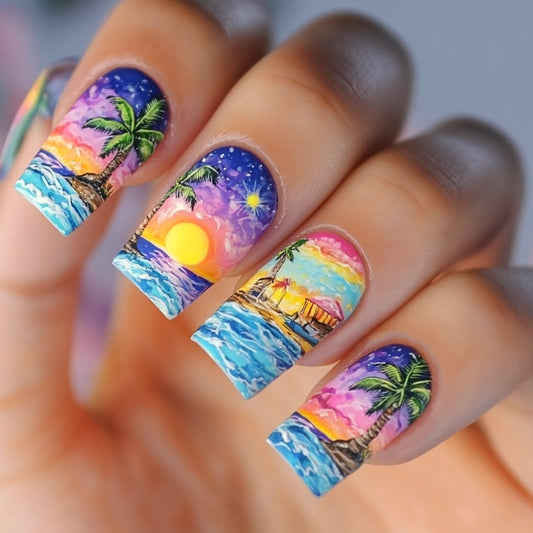 Tropical Paradise Medium Square Press On Nail Set in Vibrant Blue with Stunning Sunset Beach Design