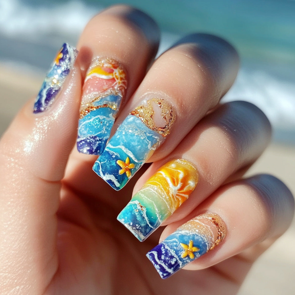 Tropical Paradise Long Square Multicolor Press On Nail Set with Ocean Wave Design