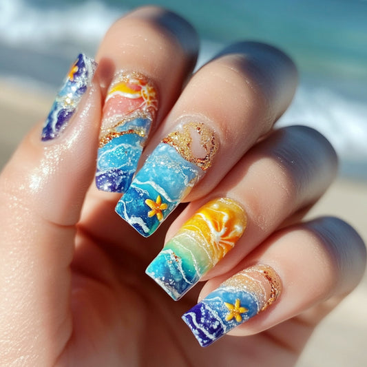 Tropical Paradise Long Square Multicolor Press On Nail Set with Ocean Wave Design