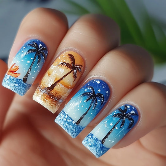 Tropical Breeze Long Square Blue and Orange Ombre Press on Nail Set with Sunset Island Design