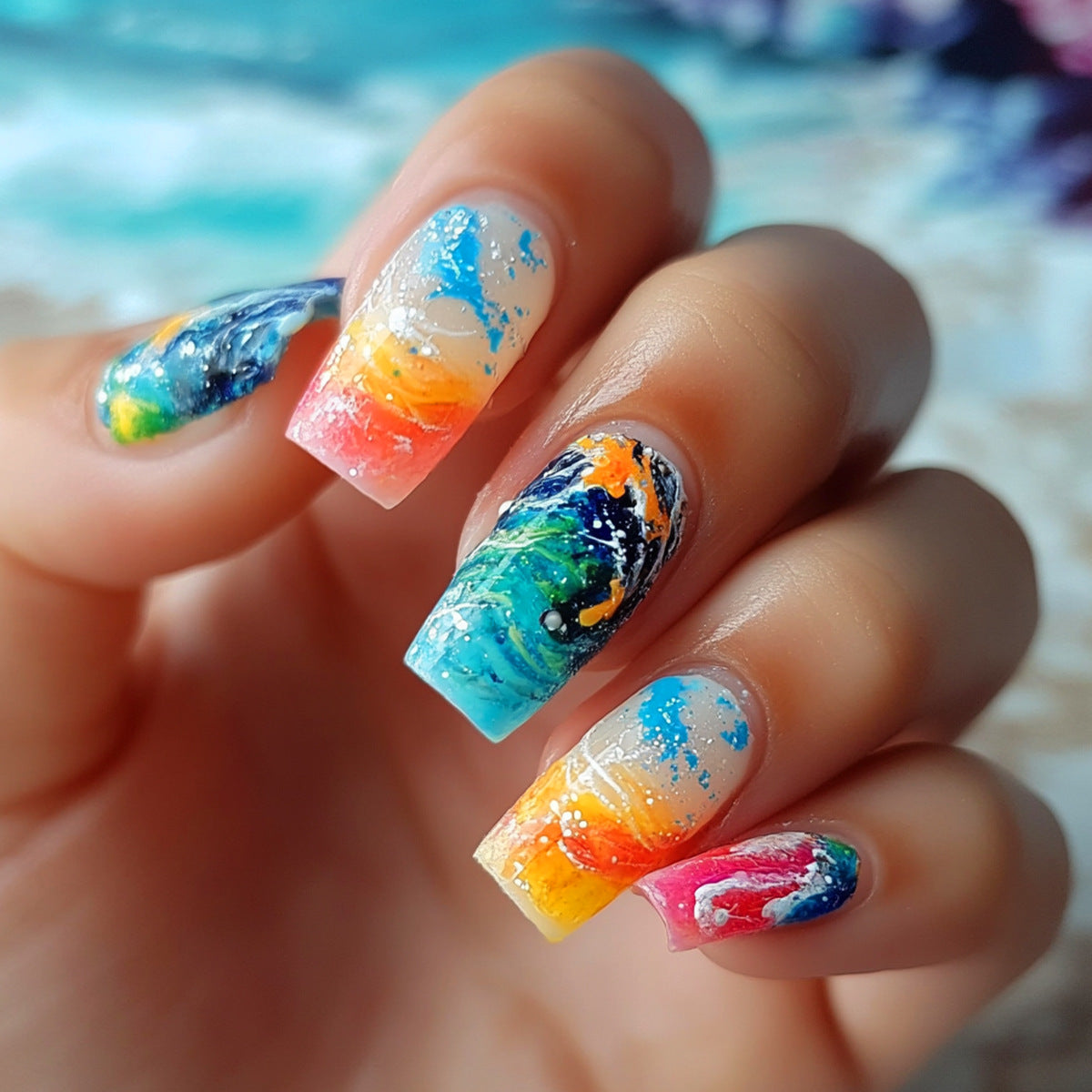 Tropical Ocean Vibes Long Square Trendy Colorful Swirl Press-On Nail Set