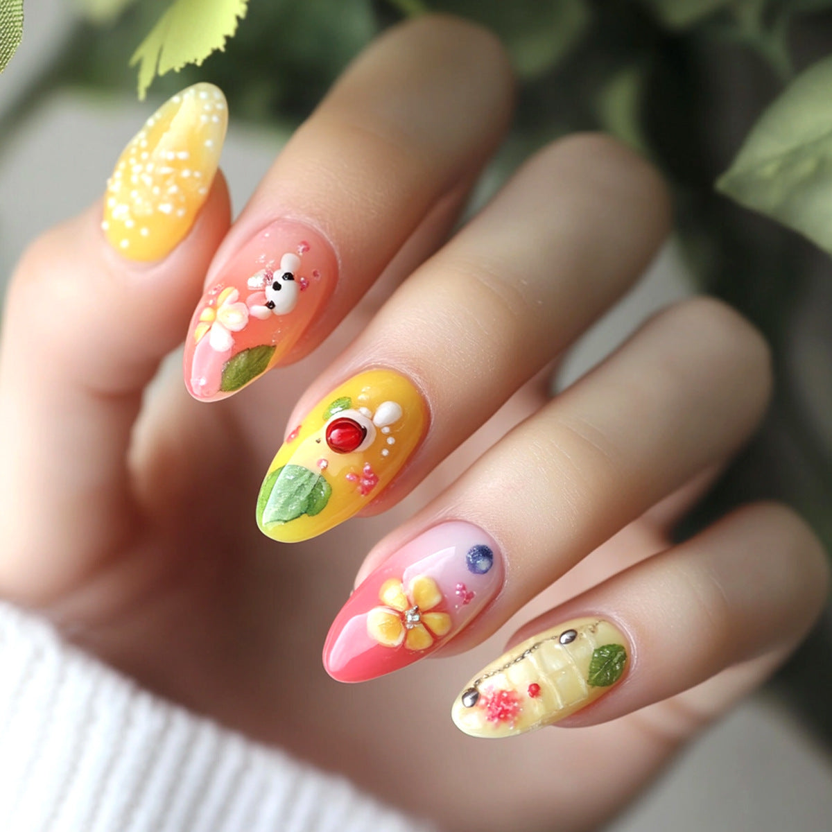 Sunny Day Dream Floral Short Almond Press On Nail Set with Colorful Flower and Leaf Art