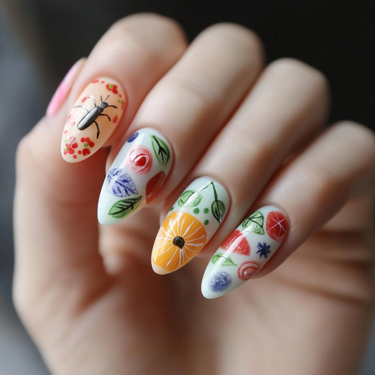Garden Party Elegant Medium Almond Pointed Multicolor Floral Press On Nail Set