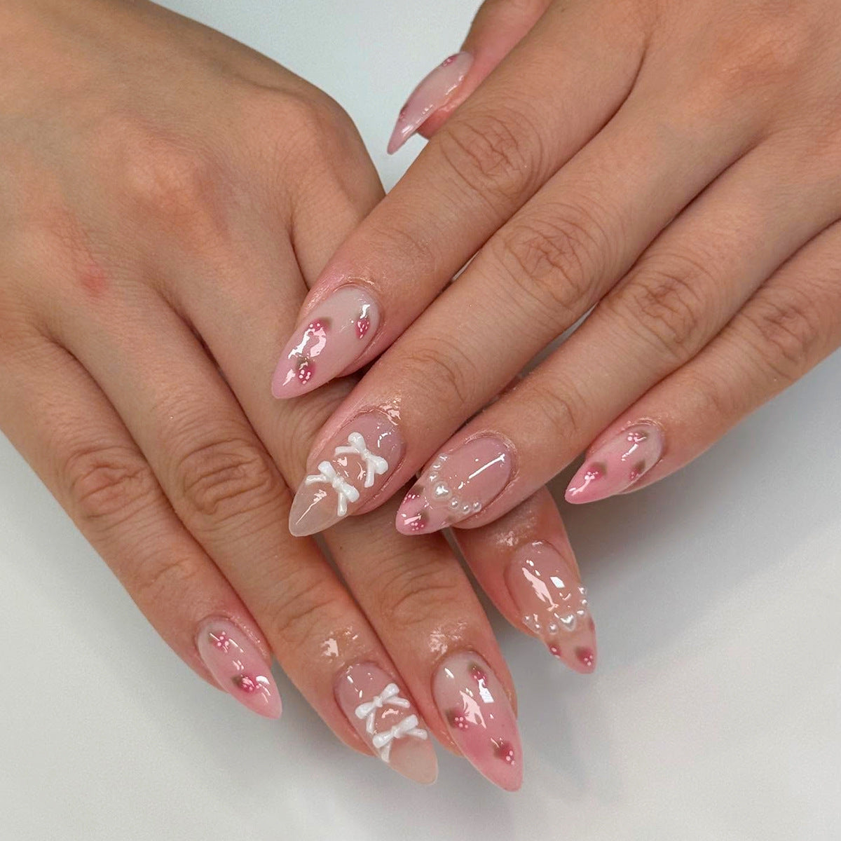 Whimsical Dream Pearlescent Medium Stiletto Pink With Elegant Floral Accents Press On Nail Set