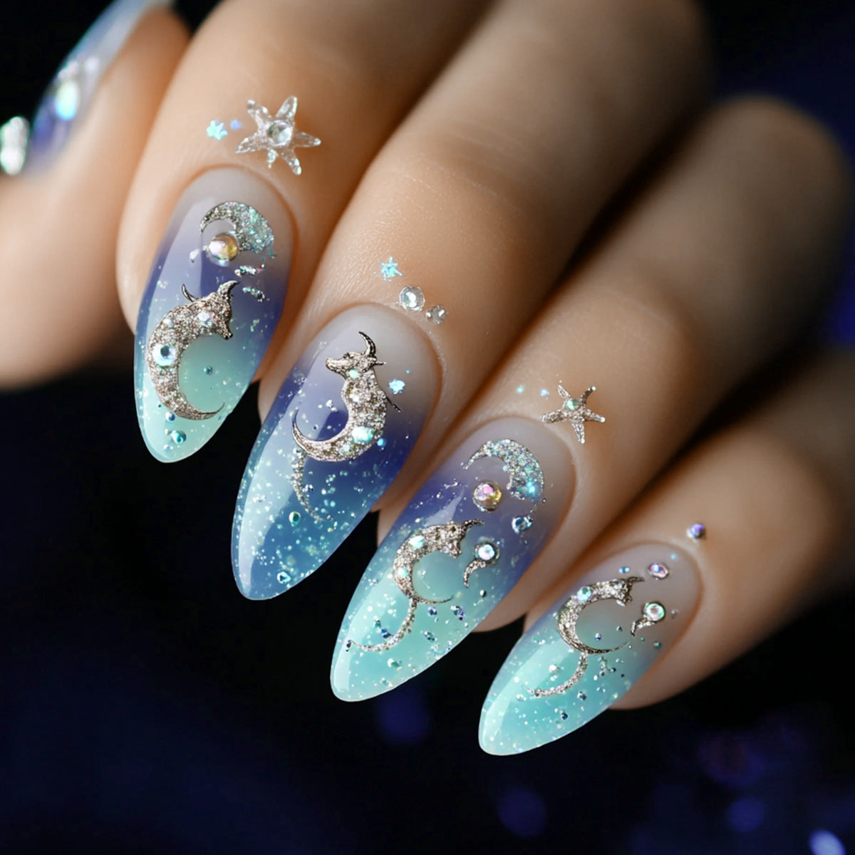 Celestial Dreams Medium Almond Ombre Blue and Aqua Press on Nail Set with Sparkling Star and Moon Accents