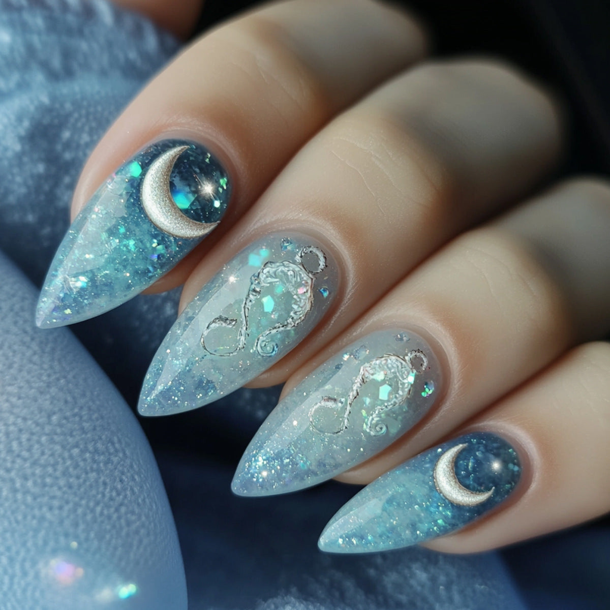 Celestial Dreams Medium Almond Blue Sparkle with Moon and Gemstone Accents Press On Nail Set