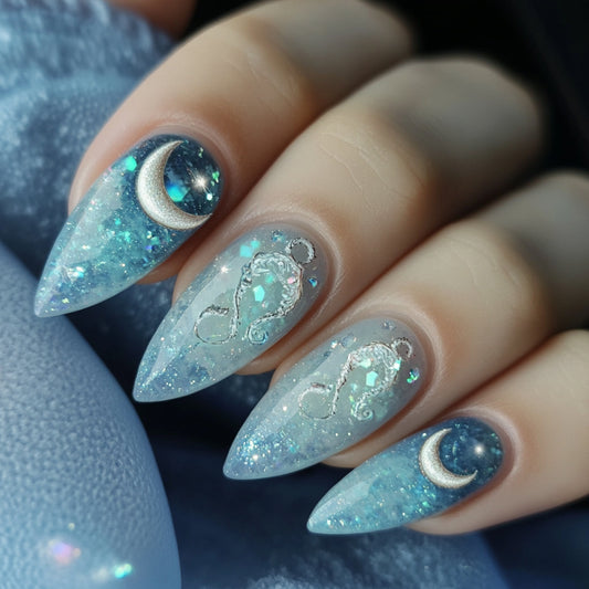 Celestial Dreams Medium Almond Blue Sparkle with Moon and Gemstone Accents Press On Nail Set
