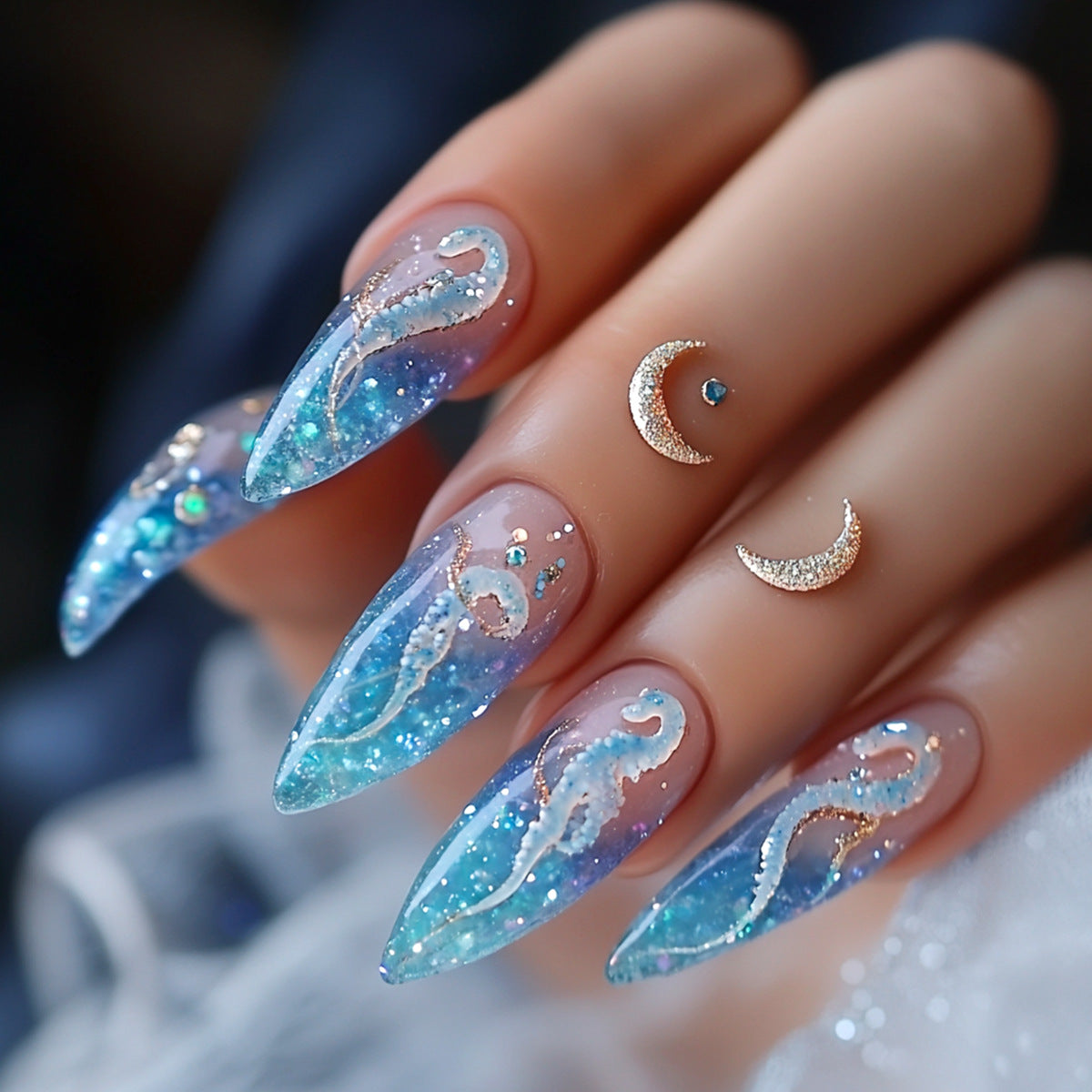 Celestial Dream Blue Medium Stiletto Press On Nail Set with Glittering Sea Creature Design