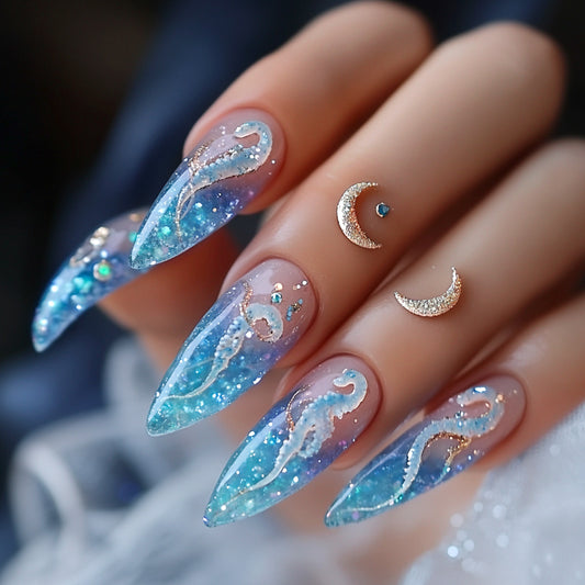 Celestial Dream Blue Medium Stiletto Press On Nail Set with Glittering Sea Creature Design