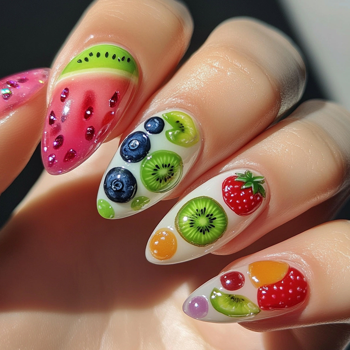 Tropical Fruit Vibes Medium Almond Shaped Colorful Press On Nail Set with Glossy Finish and Realistic Fruit Design