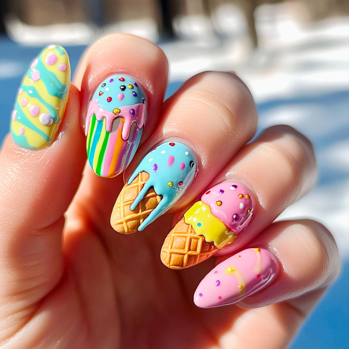 Sweet Summer Delight Medium Oval Shaped Colorful Ice Cream Drip Press on Nail Set