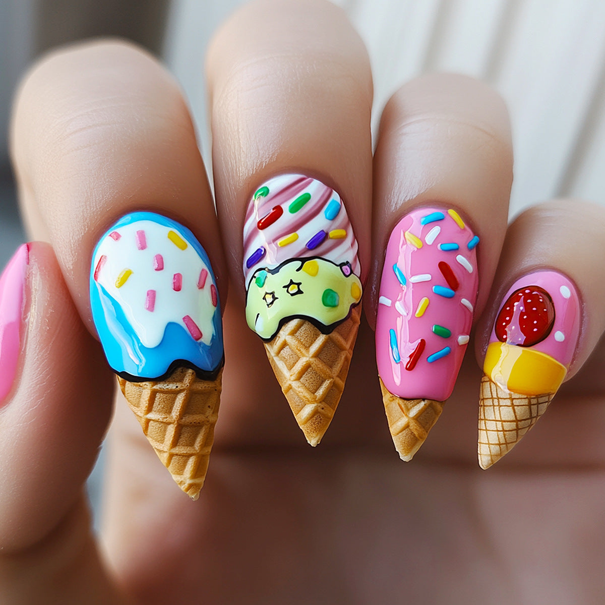 Delightful Ice Cream Cone Medium Almond Colorful Sweet Treat Nail Set