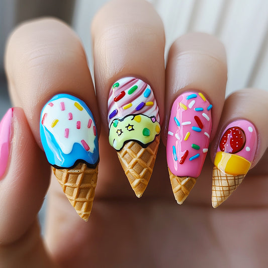 Delightful Ice Cream Cone Medium Almond Colorful Sweet Treat Nail Set