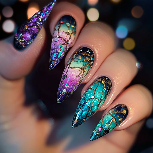 Nail art with a multicolored, glittery design on a blurred background