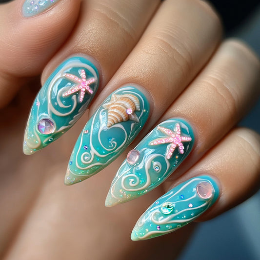 Ocean Breeze Sharp Medium Almond Teal Scenic Nails with Glitter and Seashell Accents