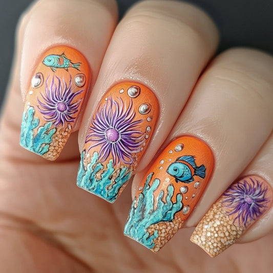 Underwater Adventure Medium Square Orange with Vibrant Marine Life Design Press On Nail Set