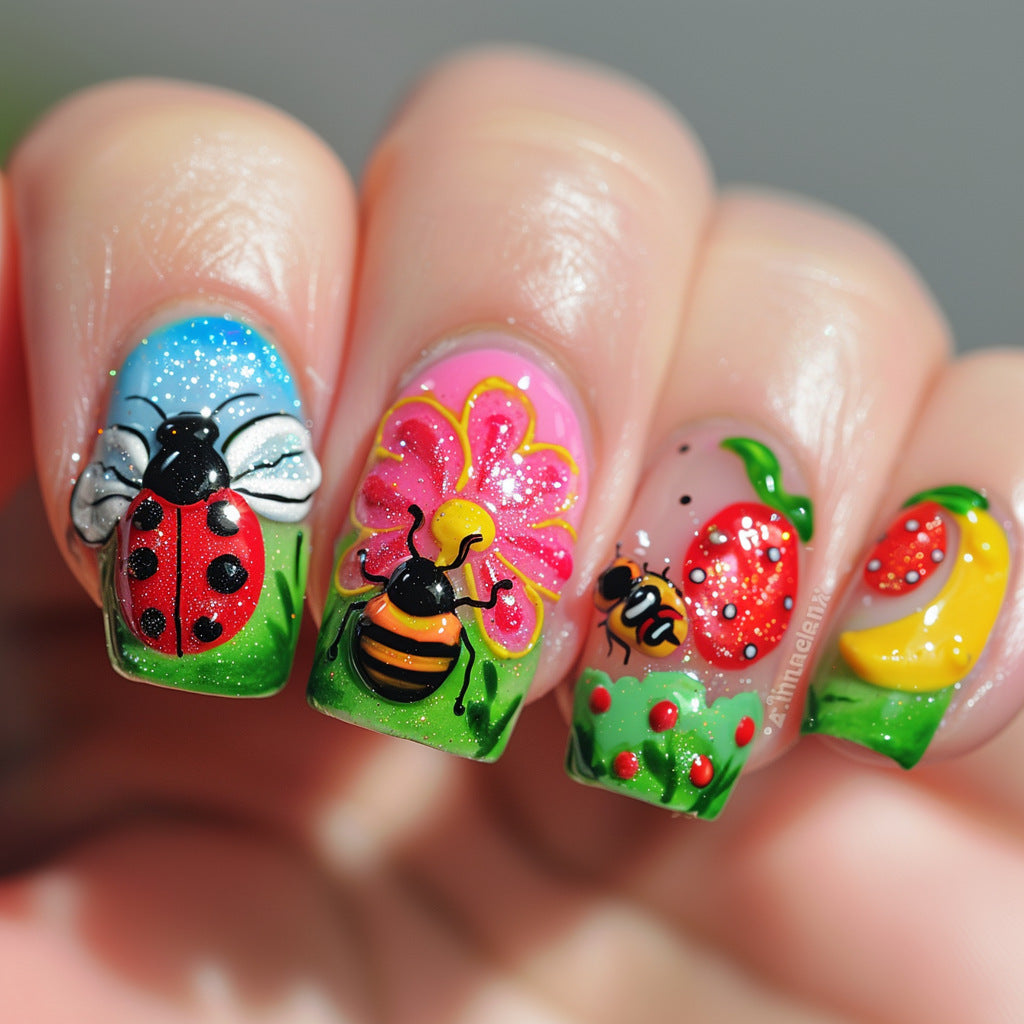 Garden Party Press On Nail Set Short Square Shape Bright Multi-Color Featuring Adorable Hand-Painted Insects and Flowers