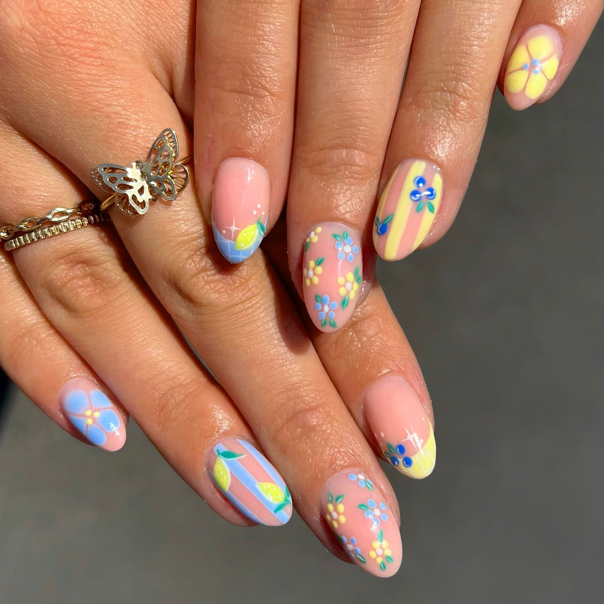 Whimsical Garden Medium Almond Blue Pastel Floral Press on Nail Set