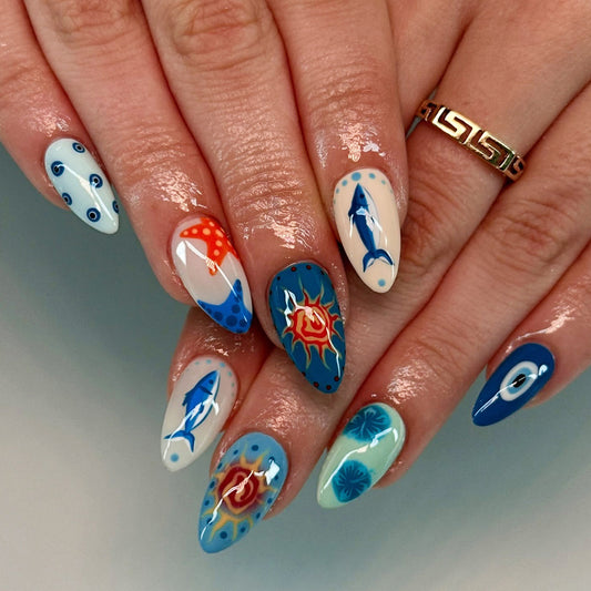 Ocean Adventure Medium Almond Shaped Blue and White Press on Nail Set with Unique Fish and Eye Designs