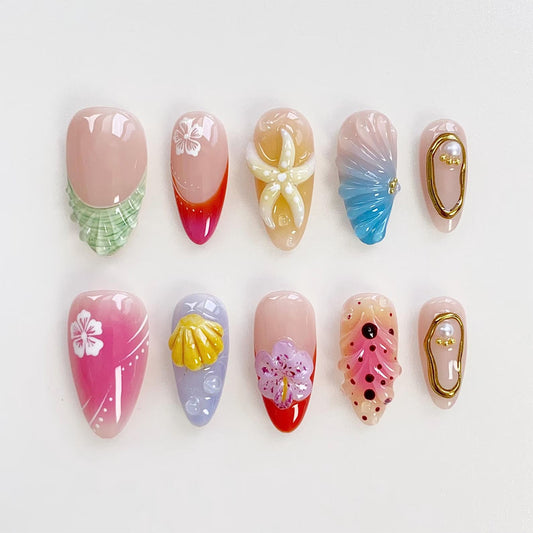 Tropical Paradise Medium Almond Blush Pink and Pastel Press-On Nail Set with Unique Ocean Inspired Designs