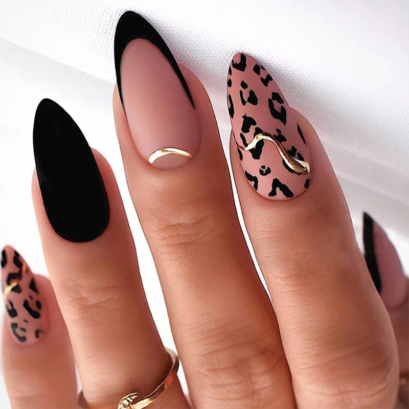 Glamorous Wild Safari Long Almond Black and Beige Leopard Press On Nail Set with Gold Accent Detail
