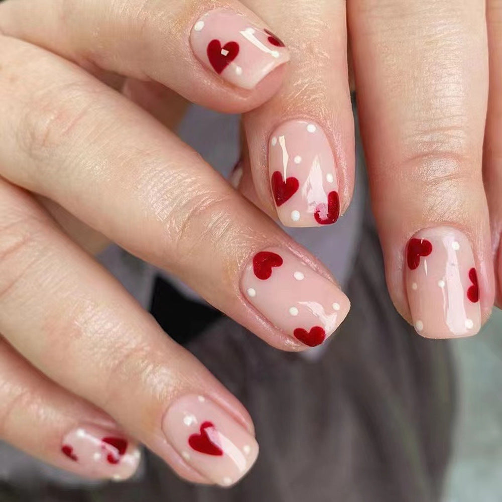 Romantic Bliss Short Square Beige with Red Hearts and White Dots Press-On Nail Set