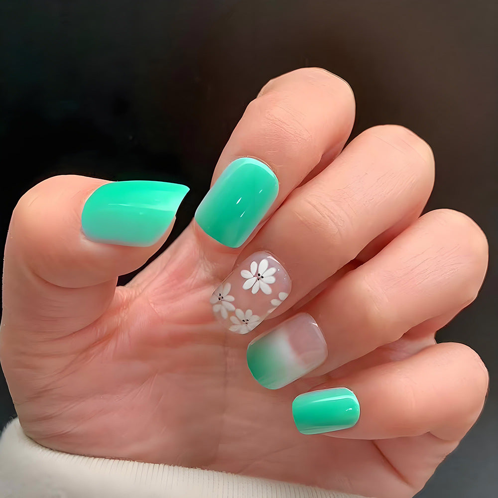 Spring Blossom Delight Short Square Mint Green Ombre Press On Nail Set with Floral Accents