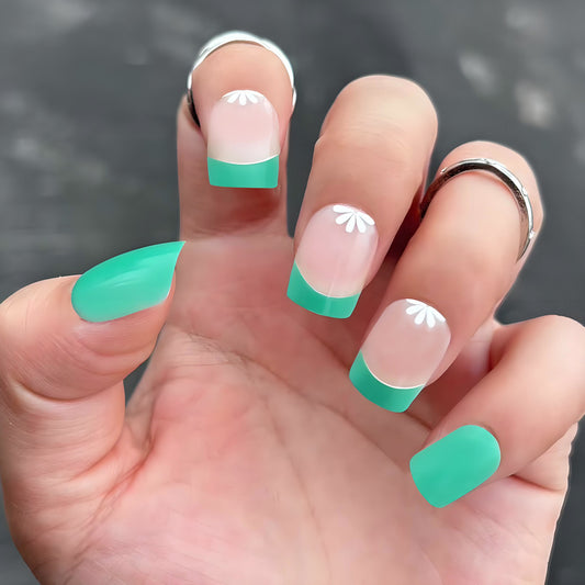 Tropical Paradise Medium Square Mint Green Press On Nail Set with Charming Floral Accent