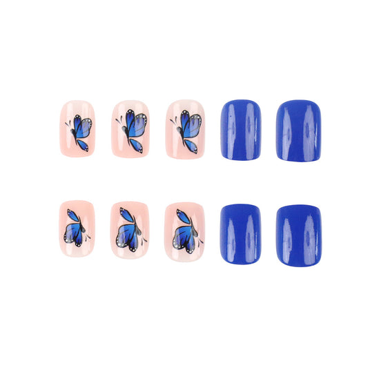 Butterfly Dreams Medium Squoval Soft Pink and Bold Blue Nail Set with Intricate Butterfly Designs
