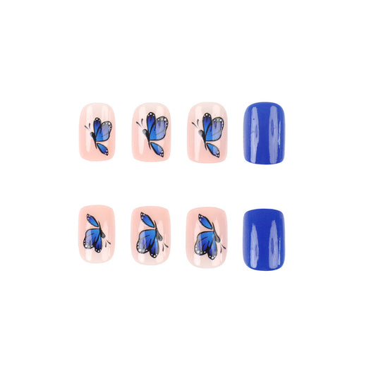 Whimsical Butterfly Dream Nail Set Medium Squoval Light Pink and Royal Blue with Intricate Butterfly Design