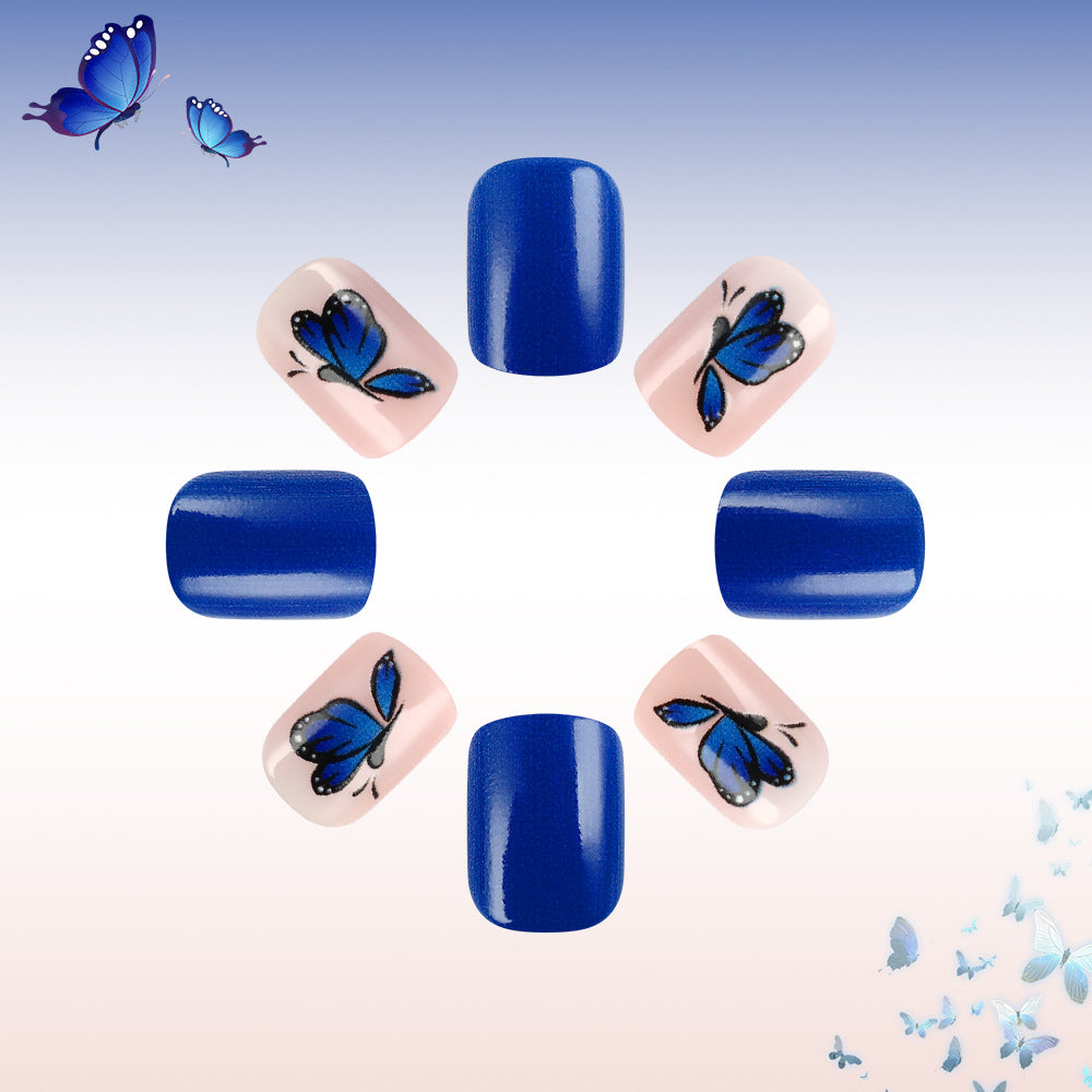 Butterfly Garden Blue Short Square Press On Nail Set with Delicate Butterfly Art