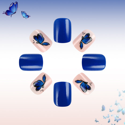 Butterfly Garden Blue Short Square Press On Nail Set with Delicate Butterfly Art