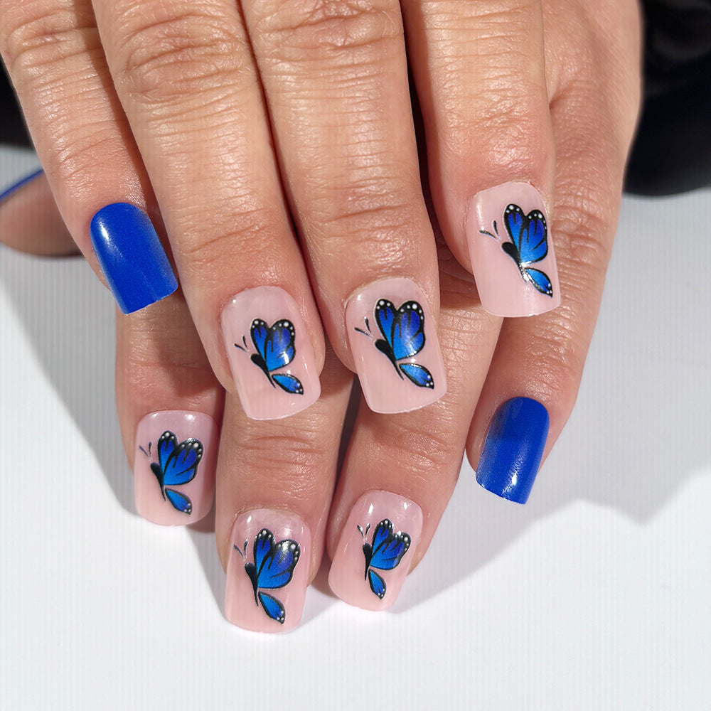 Whimsical Butterfly Garden Medium Square Clear with Stunning Blue Butterfly Art Press On Nail Set