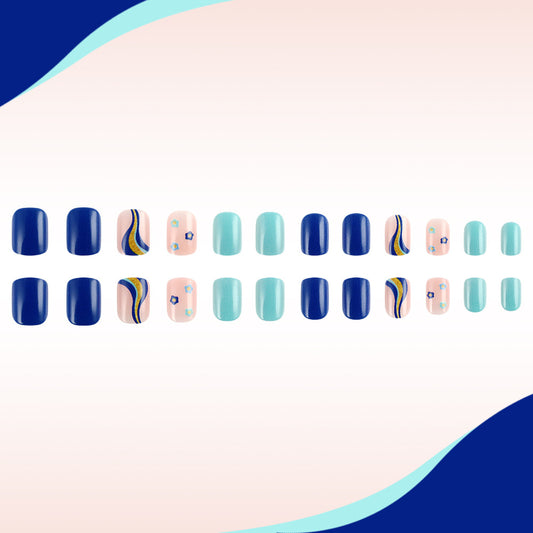 Ocean Breeze Short Square Press On Nail Set in Deep Blue Subtle Mint with Elegant Wave Designs and Glitter Accents