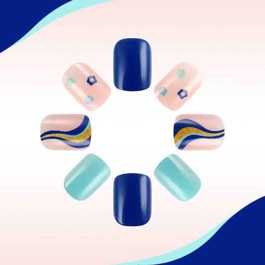 Tropical Paradise Short Square Blue Colorful Floral and Wavy Design Press On Nail Set